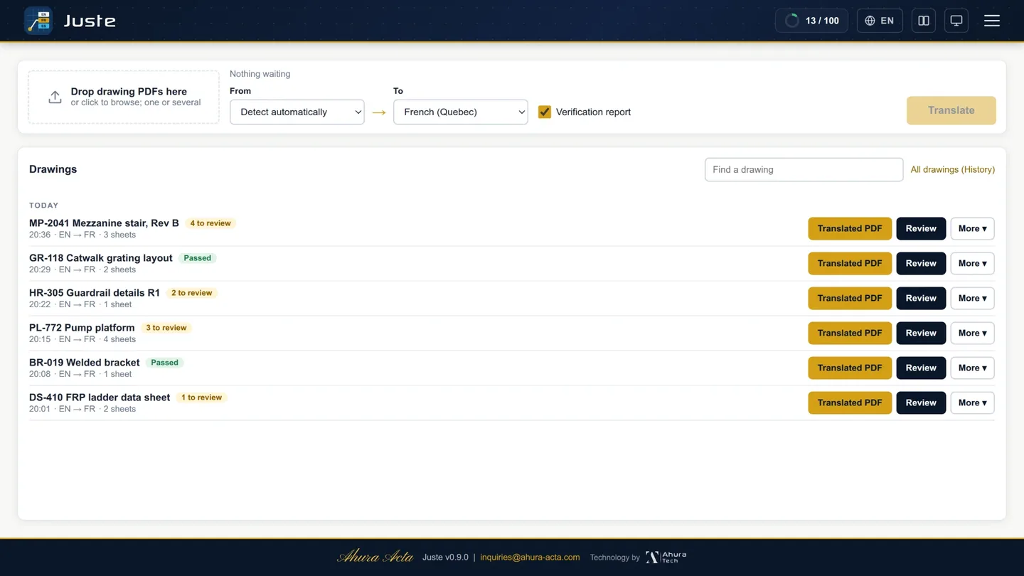 The Juste dashboard: a box to drop drawing PDFs, the From and To languages, and today's drawings, each marked passed or with lines to review.
