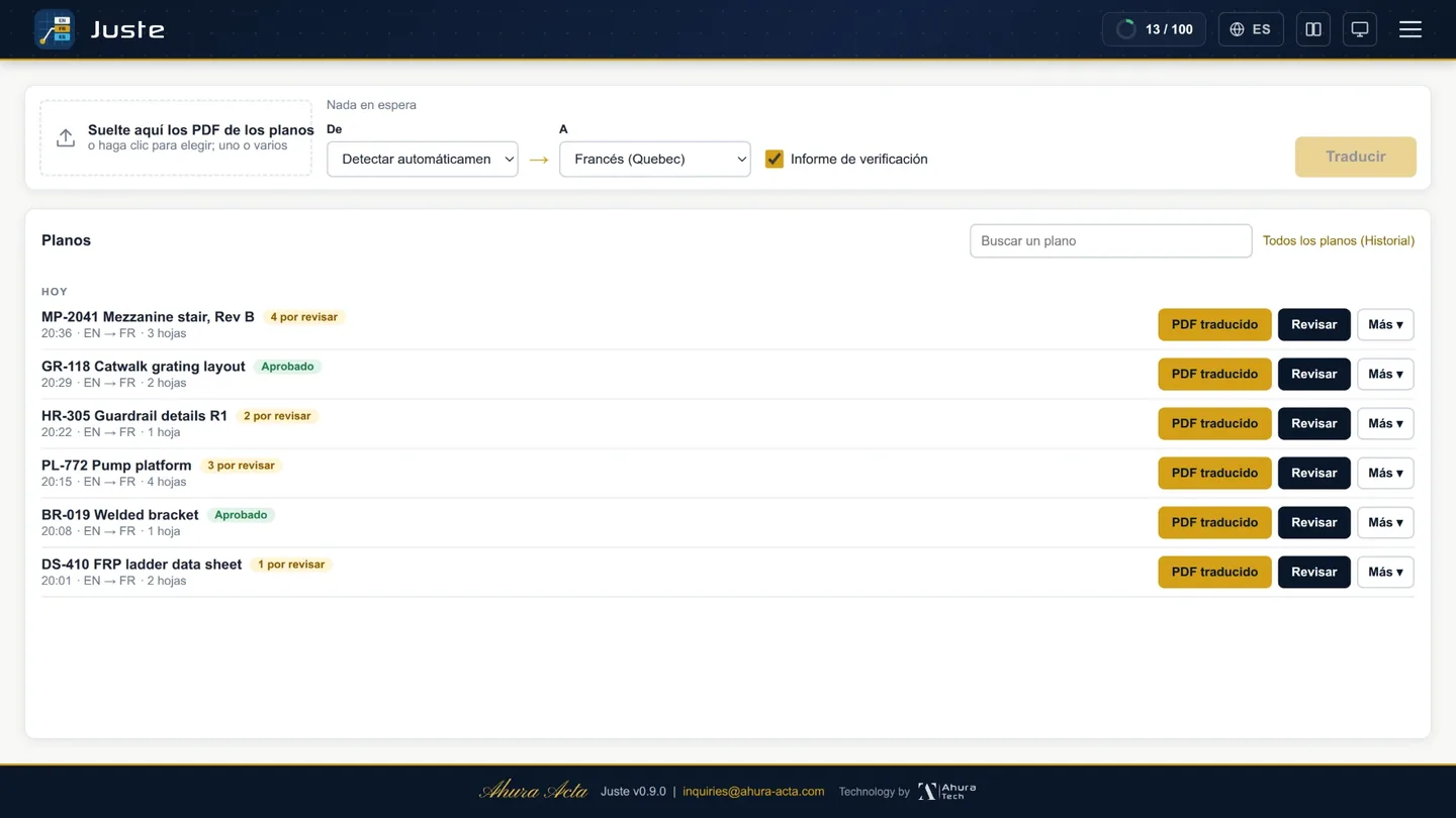 El panel de Juste: un espacio para soltar los PDF de los planos, los idiomas de origen y destino, y los planos del día, cada uno marcado como aprobado o con líneas por revisar.
