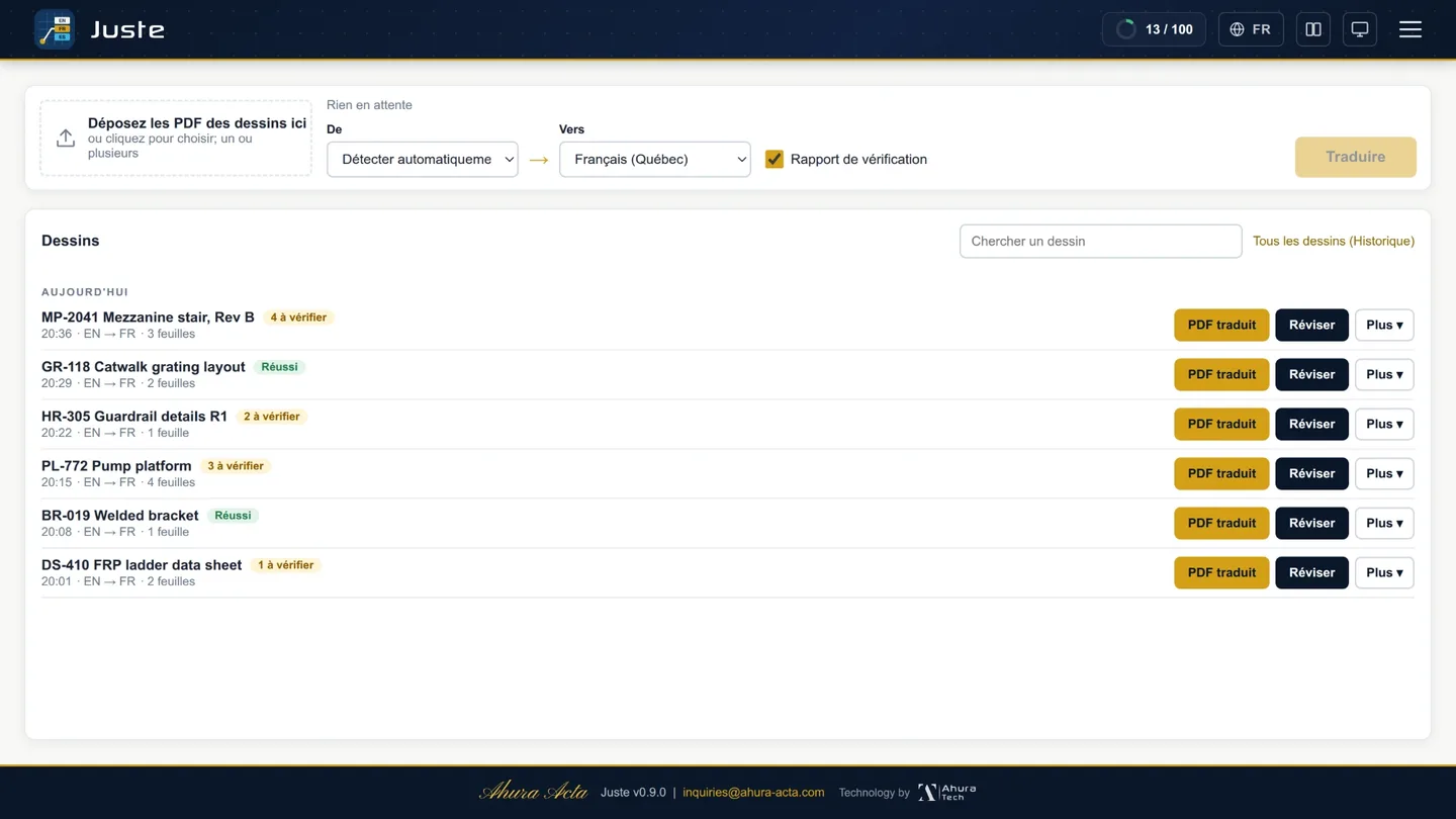 Le tableau de bord de Juste : une zone pour déposer les PDF des dessins, les langues de départ et d'arrivée, et les dessins du jour, chacun marqué réussi ou avec des lignes à vérifier.