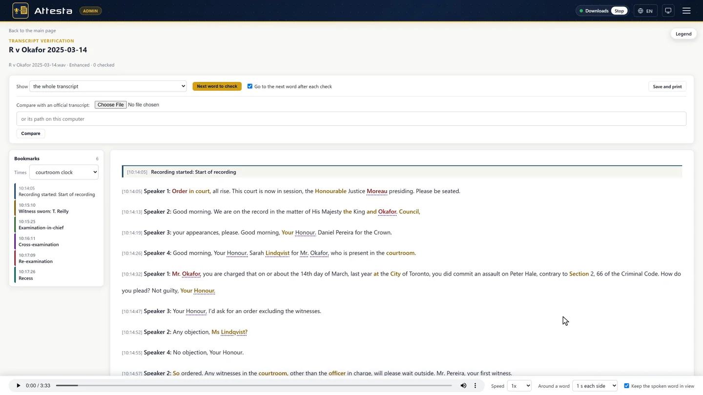The Attesta verification page on a staged hearing: the bookmarks down the side, each line with its time and speaker, and the doubtful words coloured.