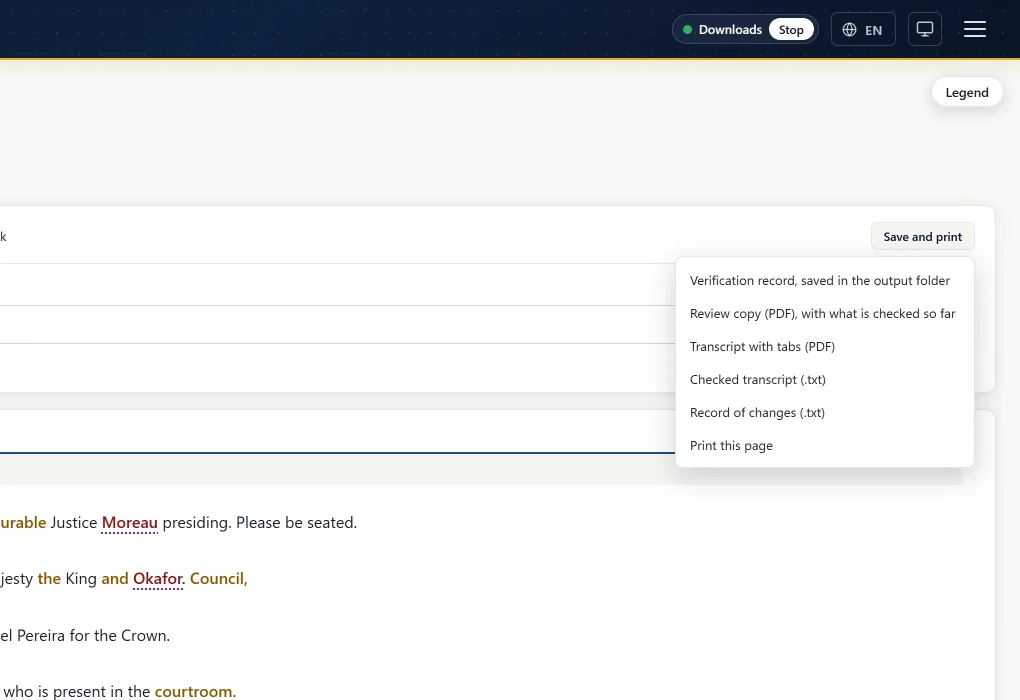 The Save and print menu: the verification record, a review copy, the transcript with tabs, the checked transcript and the record of changes.