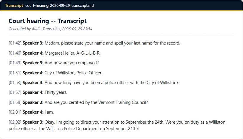 A transcript excerpt: each line starts with a time and Speaker 3 or Speaker 4.